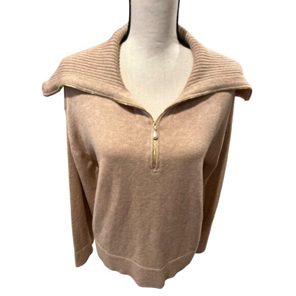 Marc New York Sweaters - Marc New York Camel Zip-Up Sweater With Ribbed Collar & Pearl Zipper Pull Large